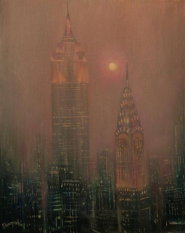 Chrysler Building Art Print featuring the painting Giants in the Mist by Tom Shropshire