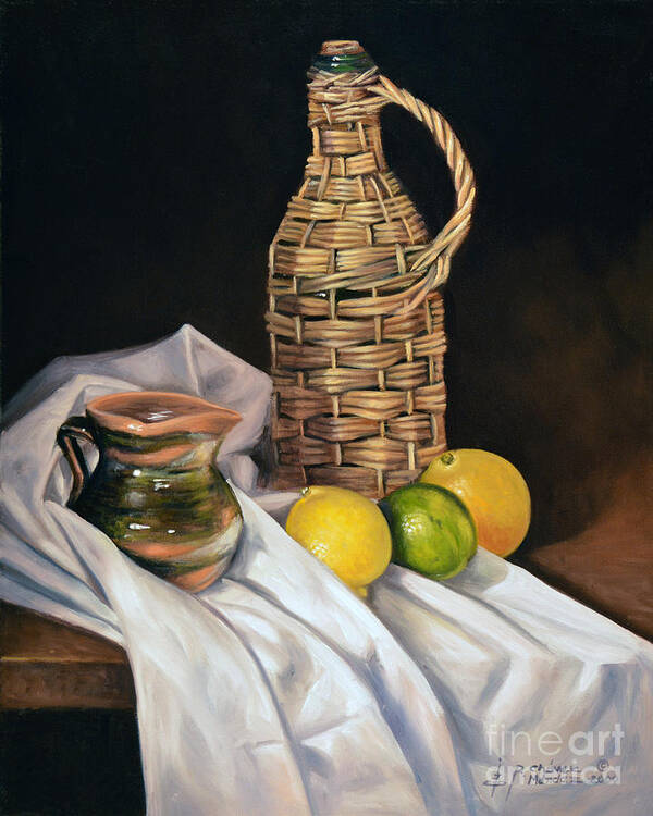 Wicker-bottle Art Print featuring the painting Little Green Jug by Ricardo Chavez-Mendez