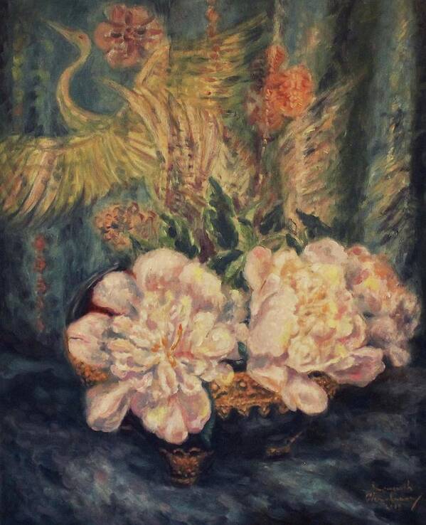 Flowers Art Print featuring the painting Peonies and Indigo Silk by Sompaseuth Chounlamany