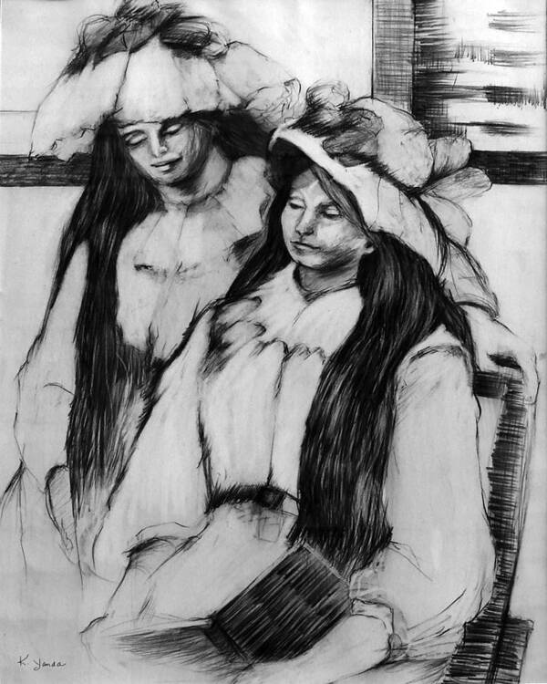 Katt Yanda Original Art Charcoal Drawing Female Twins Bonnets Art Print featuring the drawing Twins by Katt Yanda