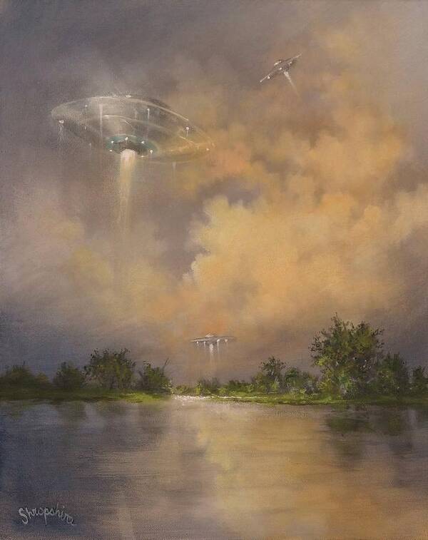 Ufo Art Print featuring the painting UFOs Above the Lake by Tom Shropshire