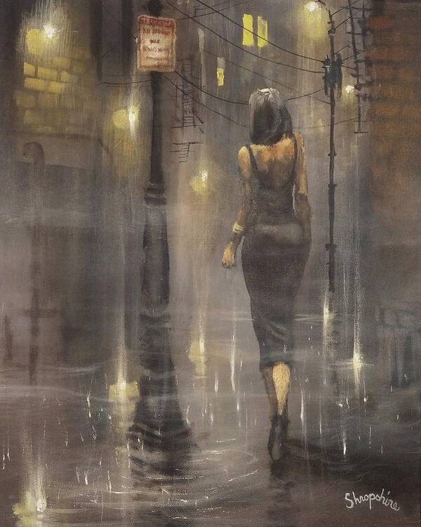 Patsy Cline; Woman In Black Dress; Foggy Alley; Night City Scene; City Rain; Tom Shropshire Painting; Figure Art Art Print featuring the painting Walking After Midnight by Tom Shropshire