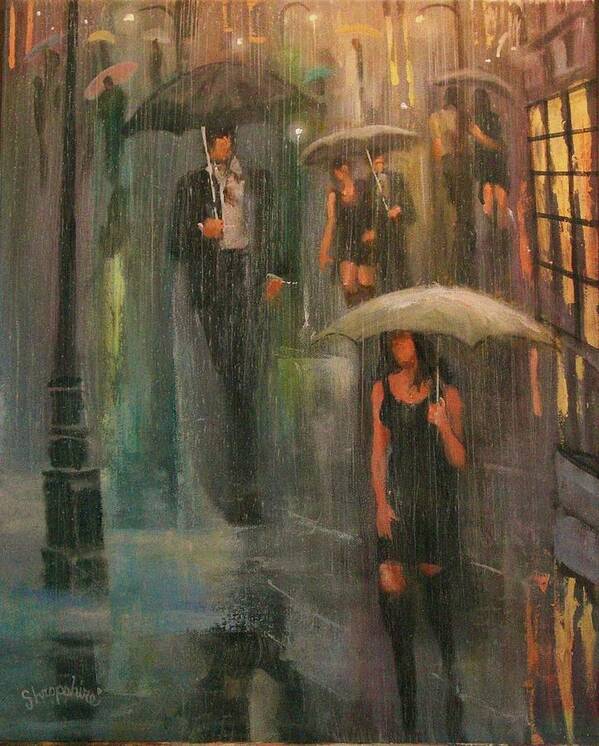  Downpour Art Print featuring the painting Walking in the Rain by Tom Shropshire