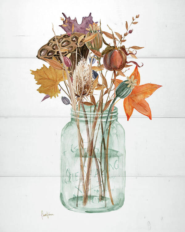 Multicolored Autumn Fall Leaves Mason Jar Ship Lap Farmhouse Floral Still Life Seed Pods Art Print featuring the painting Harvest Home Seed Pods by Carol Robinson