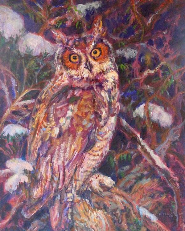 Winter Scene Art Print featuring the painting Long Eared Owl by Veronica Cassell vaz