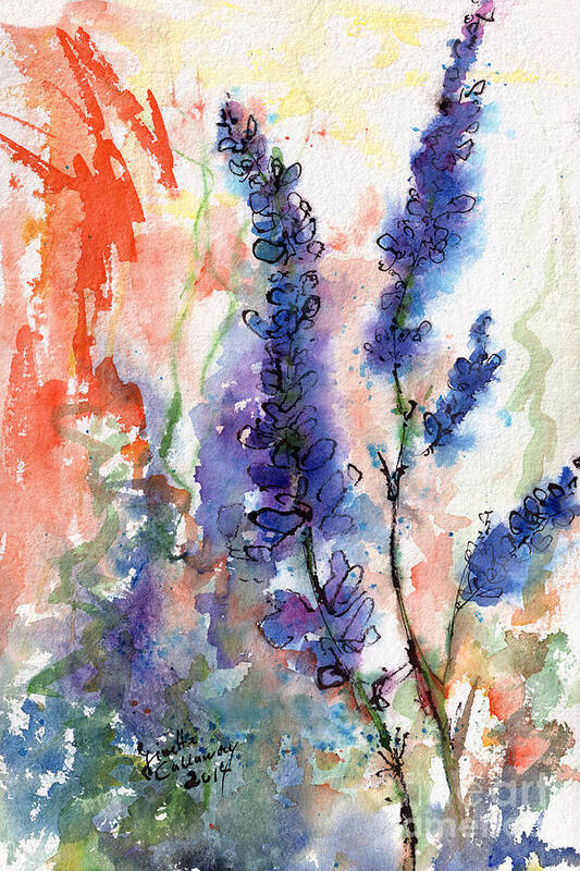 Blue Flowers Art Print featuring the painting Blue Lupines Watercolor and Ink by Ginette Callaway