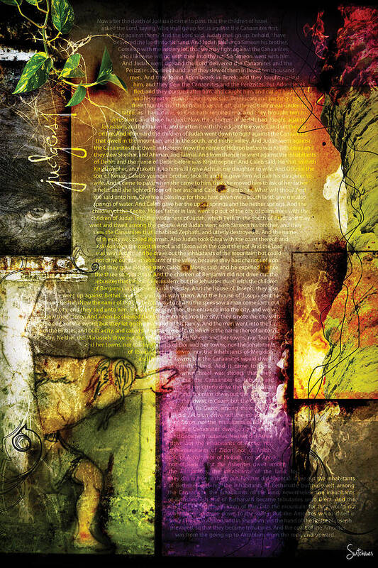 Scripture Religious Bible Word Righteousness Holiness Spiritual Spirit Colorful Drawing Jesus Yahweh God Jehovah Chapter Book Worship Church Faith Believe Virtue Pure Saint Prophet Law Truth Abstract Digital Design Art Canvas Holy Gospel Christ Yeshua Sacred Divine Blessed Soul Hope Trust Old New Christian Testament Messiah Paul Revelation Psalm Proverb Israel Hebrew Jerusalem Commandment Wilderness Tribe Gentiles Pentecost Life Eternity Jordan Wise Heart Grace Sanctify Crucify Sacrifice Judges Art Print featuring the digital art Judges 1 by Switchvues Design