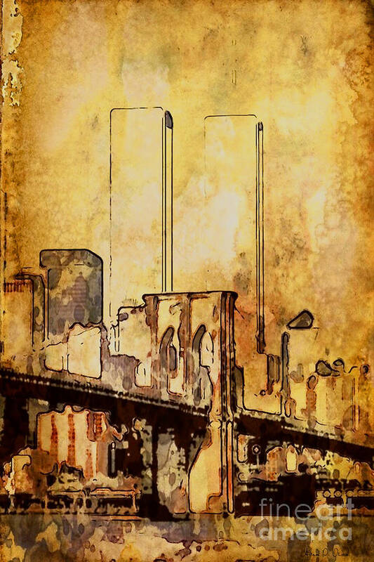 Brooklyn Bridge Building Twin Towers Water Commemorative Skyline 911 Painting Cover-art Poster Canvas New York Ny Watercolor Cover-art Art Print featuring the photograph Towers Remembered by Adam Olsen