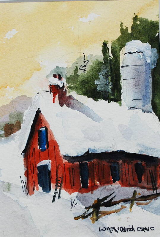 Barn Farm Snow Winter Art Print featuring the painting Barn in Snow by Wilfred McOstrich