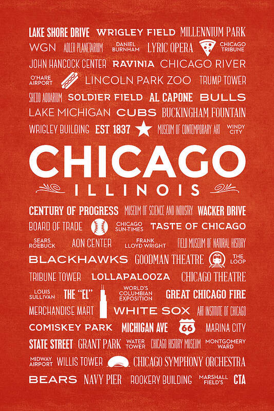 Chicago Art Print featuring the digital art Places of Chicago on Orange Chalkboard by Christopher Arndt