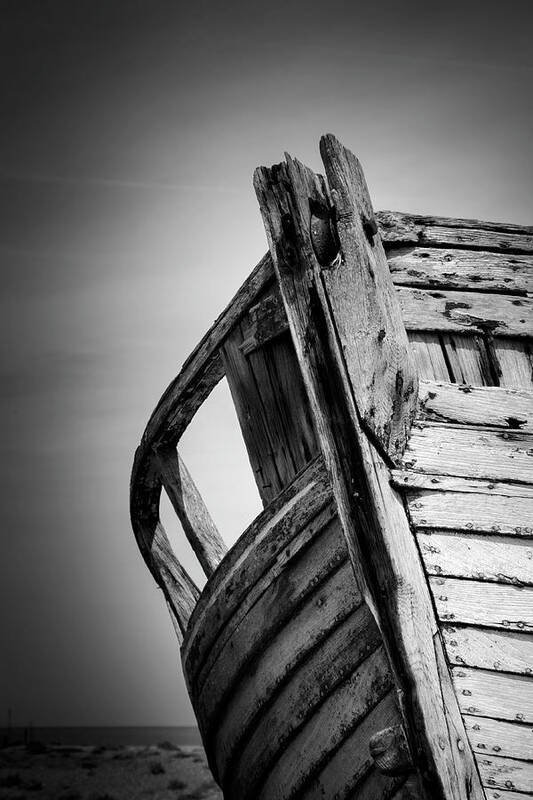 Dungeness Art Print featuring the photograph Old Abandoned Boat Portrait BW by Rick Deacon