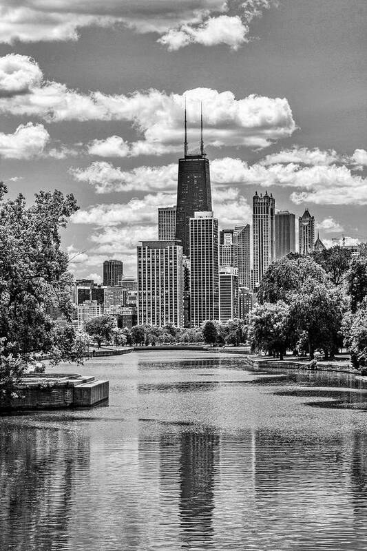 Buildings Art Print featuring the painting Chicago Lincoln Park Lagoon Black and White by Christopher Arndt