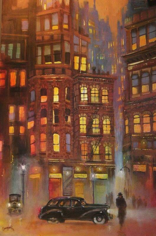 City At Night Art Print featuring the painting City Noir by Tom Shropshire