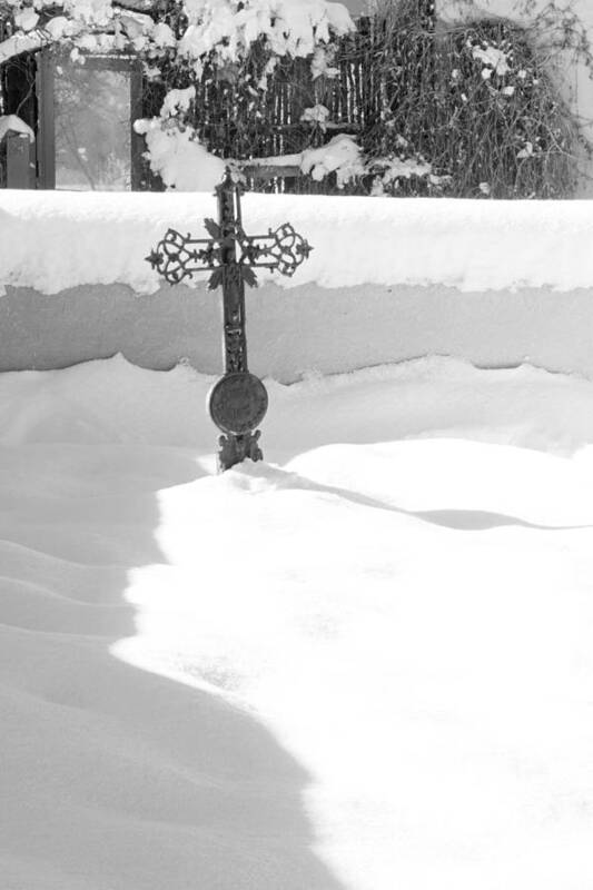 Black And White Art Print featuring the photograph Snow Covered Cross by Troy Montemayor