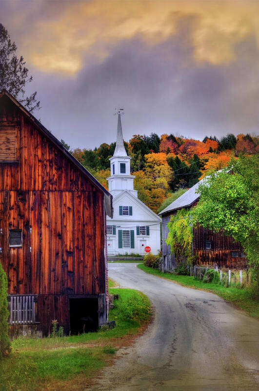 Waits River Art Print featuring the photograph White Church in Autumn - Waits River Vermont by Joann Vitali