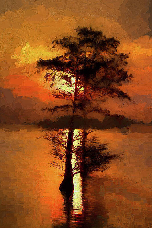 North Carolina Art Print featuring the painting Cypress Trees at Sunrise AP by Dan Carmichael