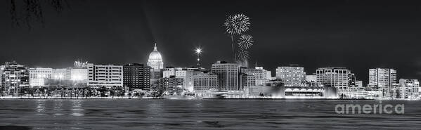 Capitol Art Print featuring the photograph Madison - Wisconsin - New Years Eve Panorama Black and White by Steven Ralser