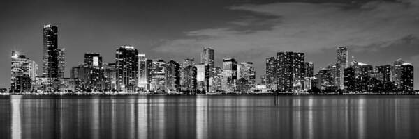 Miami Art Print featuring the photograph Miami Skyline at Dusk Black and White BW Panorama by Jon Holiday