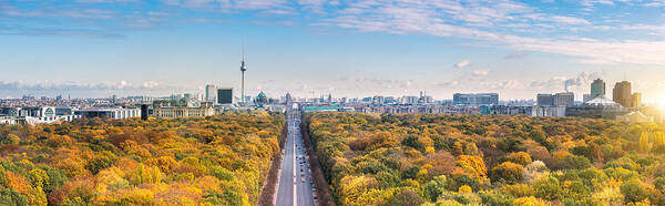 Scenics Art Print featuring the photograph wide Berlin skyline over autumn colored Tiergarten by Golero