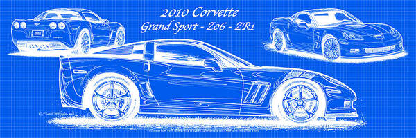 2010 Corvette Art Print featuring the digital art 2010 Corvette Grand Sport - Z06 - ZR1 Reverse Blueprint by K Scott Teeters