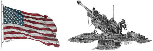 American Artillery Flag 777 Marines Arty Party With Howitzer Watercolor Graphite Overlay Oohrah Milspo Militaryspouse Spouse Military Milspouse Pencil Detailed M777 Art Print featuring the drawing American Artillery by Betsy Hackett