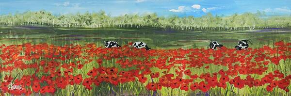 Cows Art Print featuring the painting Among the Poppies by Terri Einer