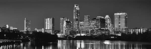 Austin Skyline Art Print featuring the photograph Austin Skyline at Night Black and White BW Panorama Texas by Jon Holiday