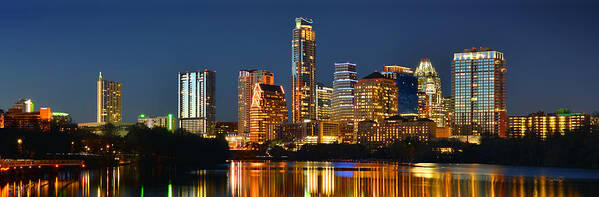 Austin Skyline Art Print featuring the photograph Austin Skyline at Night Color Panorama Texas by Jon Holiday