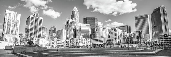 121 West Trade Art Print featuring the photograph Charlotte Skyline Panorama Black and White Image by Paul Velgos