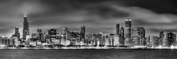 Chicago Skyline Art Print featuring the photograph Chicago Skyline at NIGHT black and white by Jon Holiday