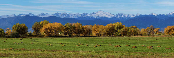 Farms Art Print featuring the photograph Colorado Rocky Mountain Autumn Hay Harvest Panorama by James BO Insogna