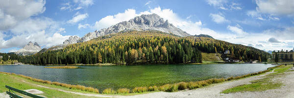 Dolamite Mountains Art Print featuring the photograph Dolomite Mountain Lake Panaorama by Richard Henne