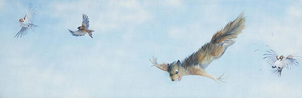 Squirrel Freefall Flying Falling Birds Cartoon Happy Anthropomorphic Animals Sky Wildlife Nature Art Print featuring the painting Flying Squirrel by Beth Davies