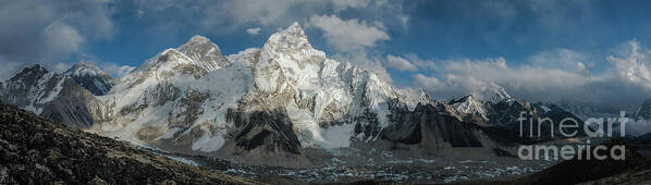Everest Base Camp Trek Art Print featuring the photograph Mount Everest Lhotse and Ama Dablam Panorama by Mike Reid