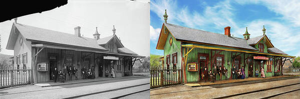 Train Station Art Print featuring the photograph Train Station - Garrison train station 1880 - Side by Side by Mike Savad