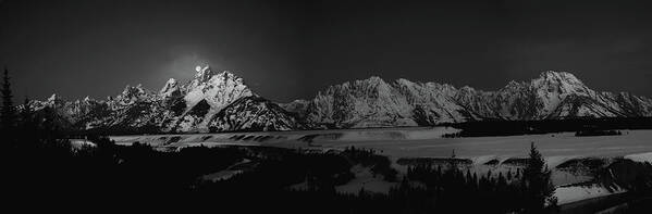 Full Moon Art Print featuring the photograph Full Moon Sets in the Tetons Panorama by Raymond Salani III