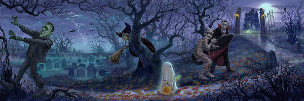 Halloween Scene Art Print featuring the mixed media Halloween Scene by K. Sean Sullivan