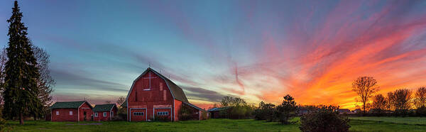 Sunset Art Print featuring the photograph Red Barn Sunset Panorama by Mark Papke