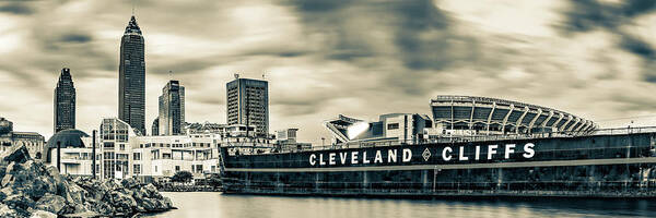 Cleveland Skyline Art Print featuring the photograph Cleveland Cliffs Skyline And Browns Stadium Sepia Panorama by Gregory Ballos