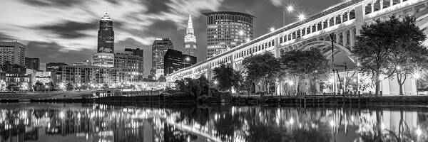 Cleveland Skyline Art Print featuring the photograph Downtown Cleveland Ohio Skyline Panorama - Black and White by Gregory Ballos