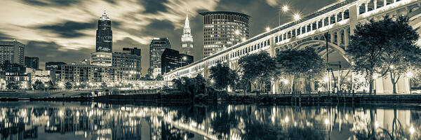 Cleveland Panorama Art Print featuring the photograph Downtown Cleveland Ohio Skyline Panorama - Sepia Edition by Gregory Ballos