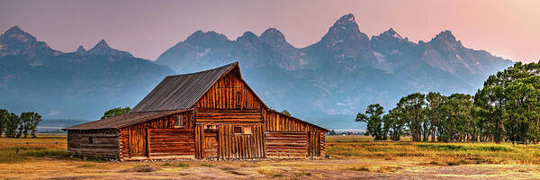 Rocky Mountains Art Print featuring the photograph Dusk At The T.A. Moulton Barn And Teton Mountains Panorama by Gregory Ballos
