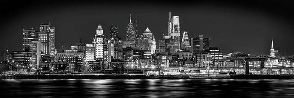 #faatoppicks Art Print featuring the photograph Philadelphia Philly Skyline at Night from East Black and White BW by Jon Holiday