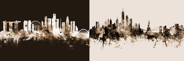 Singapore Art Print featuring the digital art Singapore and New York Skyline Mashup by Michael Tompsett