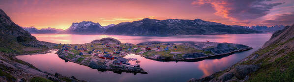 Fjord Art Print featuring the photograph Sunrise at a Fishing Village by Henry w Liu