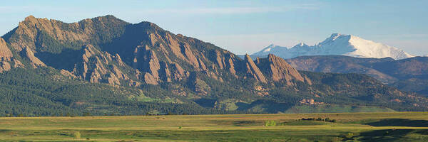 Colorado Art Print featuring the photograph The Boulder Flatirons with Longs Peak Panorama by Aaron Spong