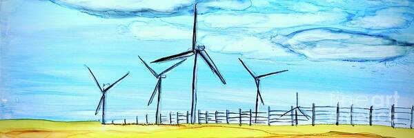 Windmills Art Print featuring the painting Wind Farm in Gold Field Painting wide version by Patty Donoghue