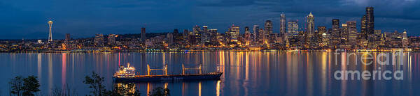 Seattle Art Print featuring the photograph Elliott Bay Seattle Skyline Night Reflections by Mike Reid