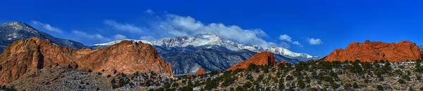 Panorama Pikes Peak Colorado Springs Garden Of The Gods Gateway Mountain Snow Cap Clouds Sky Blue Red Brush Bushes Beautiful Art Print featuring the photograph Pike Peak through the Garden of the Gods Gateway by David Soldano