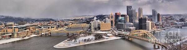 Pittsburgh Skyline Art Print featuring the photograph PIttsburgh's First Snow Of 2015 by Adam Jewell